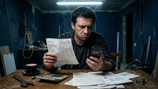 Растерянный мужчина 30 лет с пачкой неоплаченных счетов и сломанным телефоном на фоне недостроенного ремонта.